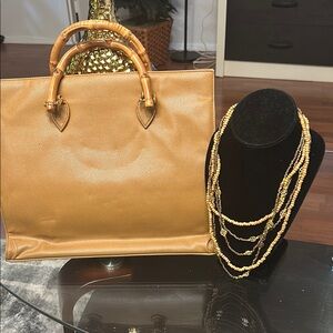 Elegant Tan Leather Tote Bag  bundle & necklace @$35